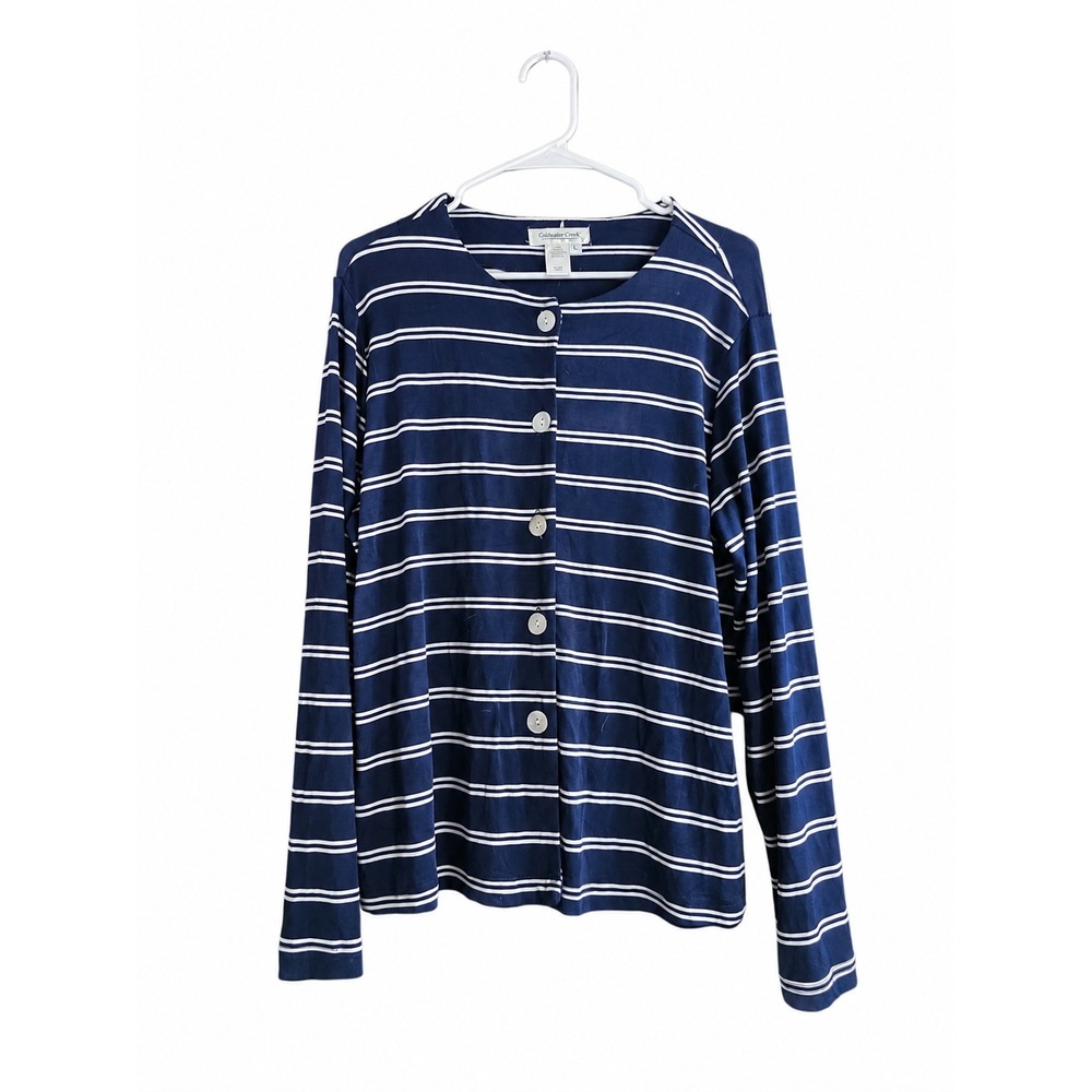 Coldwater Creek Classic Navy Blue White Stripe Button Front Top Large Stretch